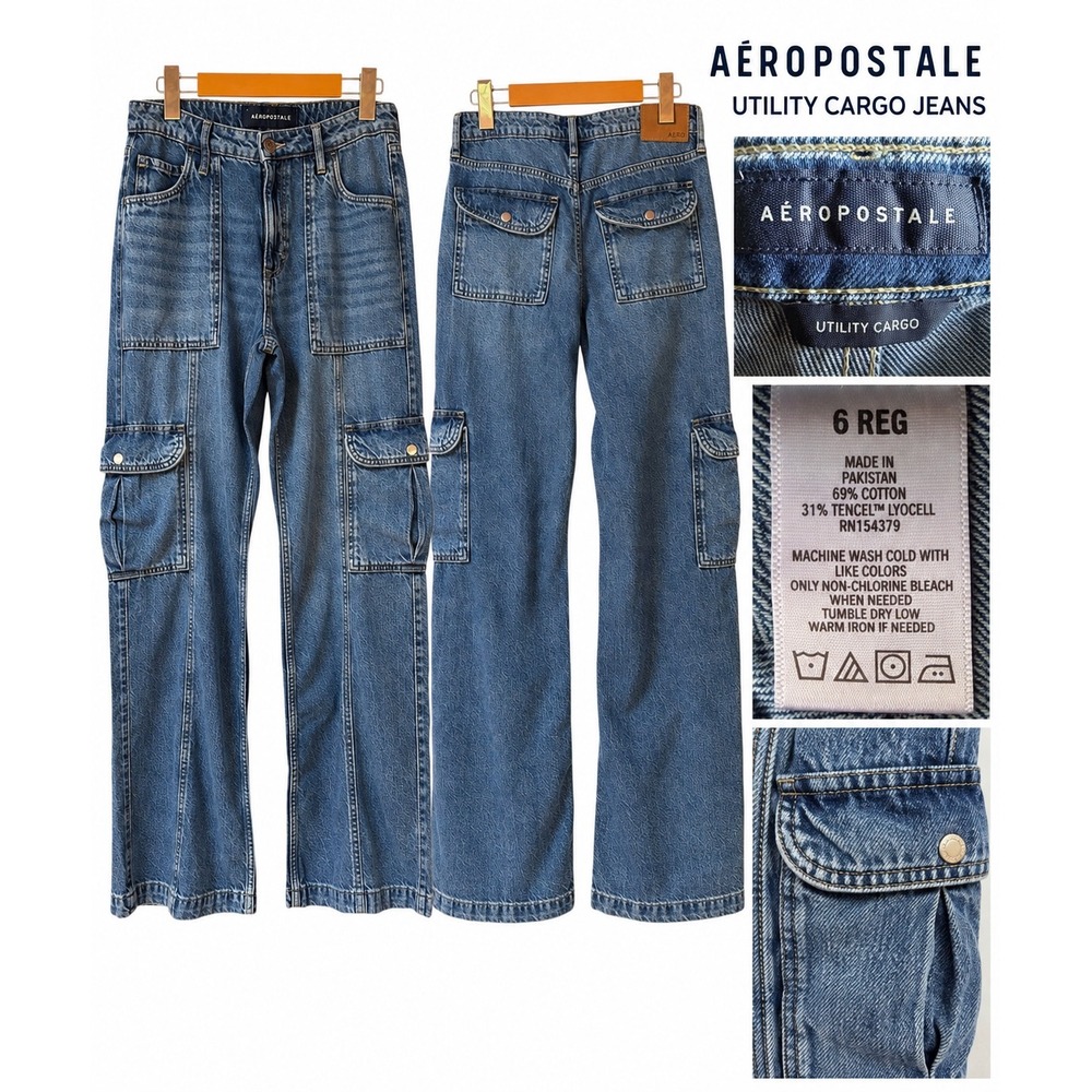 Aeropostale Utility Cargo Jeans Blue Wide Leg Y2K Denim Size 6 Regular